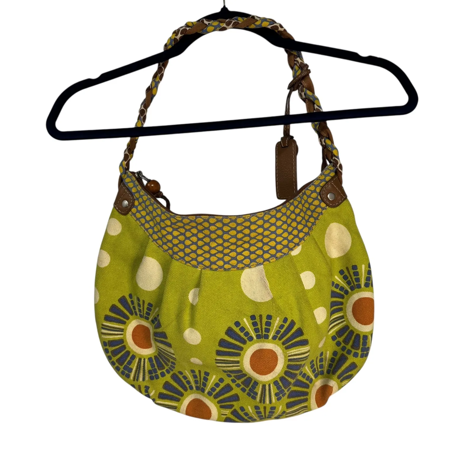 Fossil Shoulder Bag Green Floral Print Braided Strap Hobo Style 70s/80s Vintage - Image 11