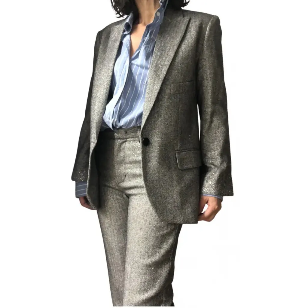 Zadig & Voltaire Gray Pant Pistol Silver Rhinestone Wool Slim Boot 36 - Image 2