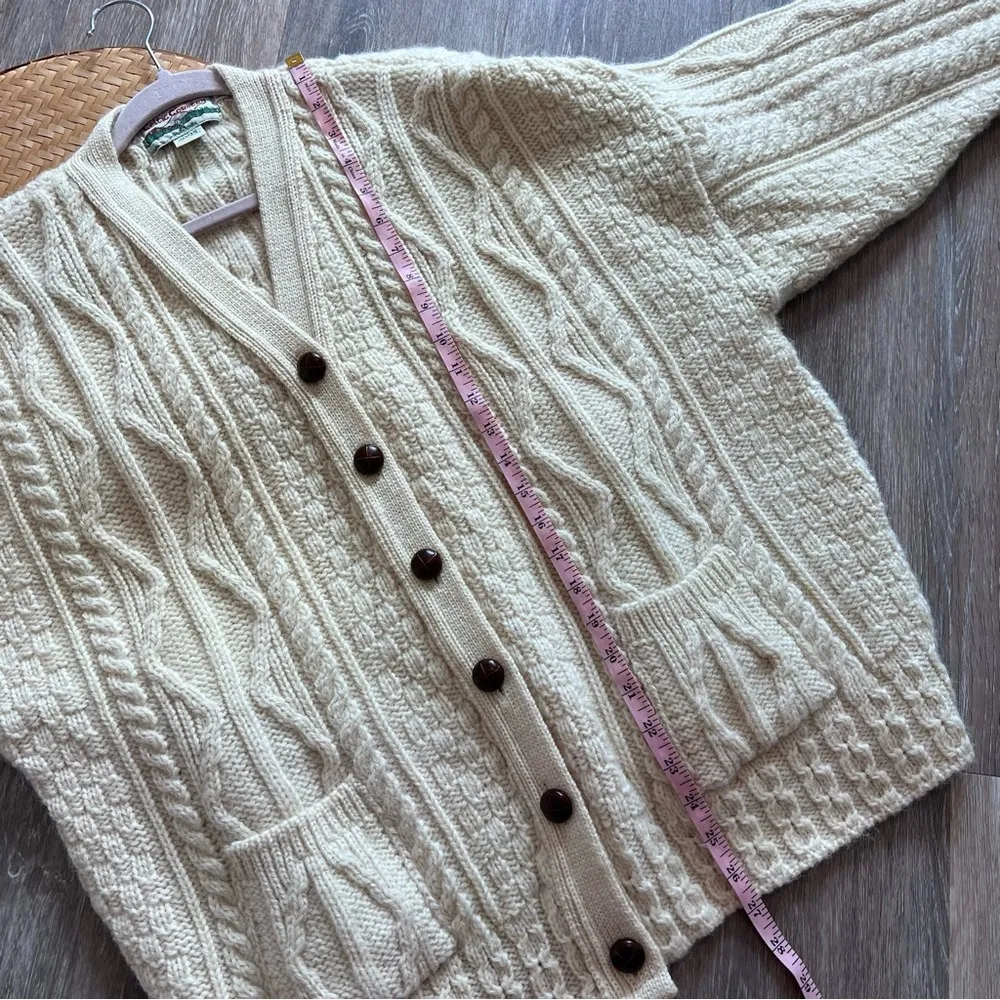 Vintage Celtic country ireland wool fisherman chunky cardigan sweater cream Size L - Image 2