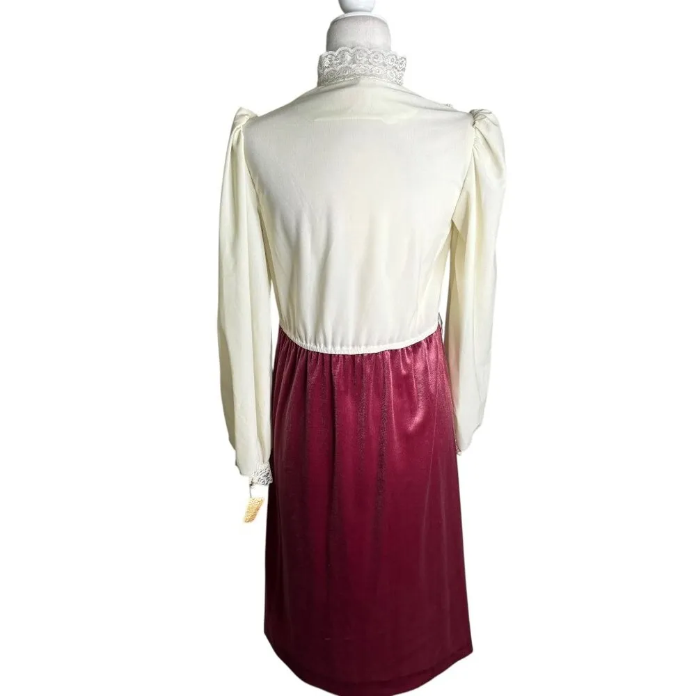 Vintage 70s Jerri Gee Lace Velvet Dress Sz Small Deadstock Small Pearl Button Pink - Image 4