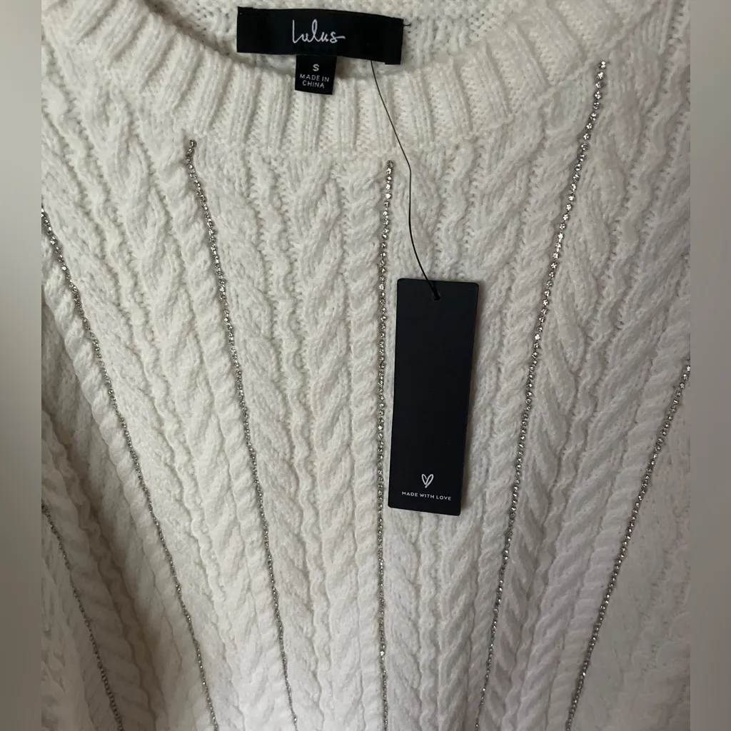 NWT Winter Wishlist Ivory Rhinestone Cable Knit Pullover Sweater size small - Image 6