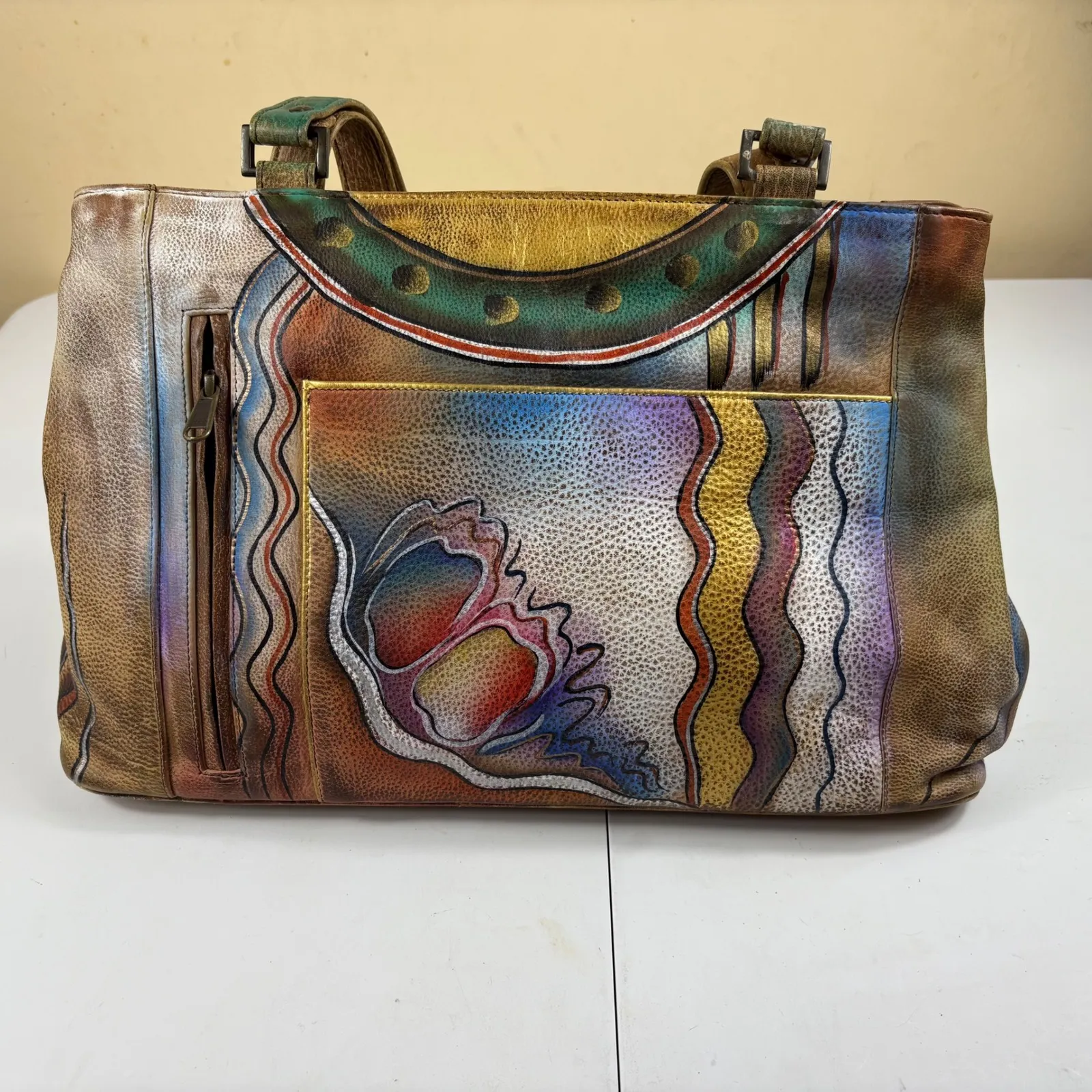 Anuschka Hand Painted Leather Shoulder Bag Butterfly Floral Art Purse - Image 2
