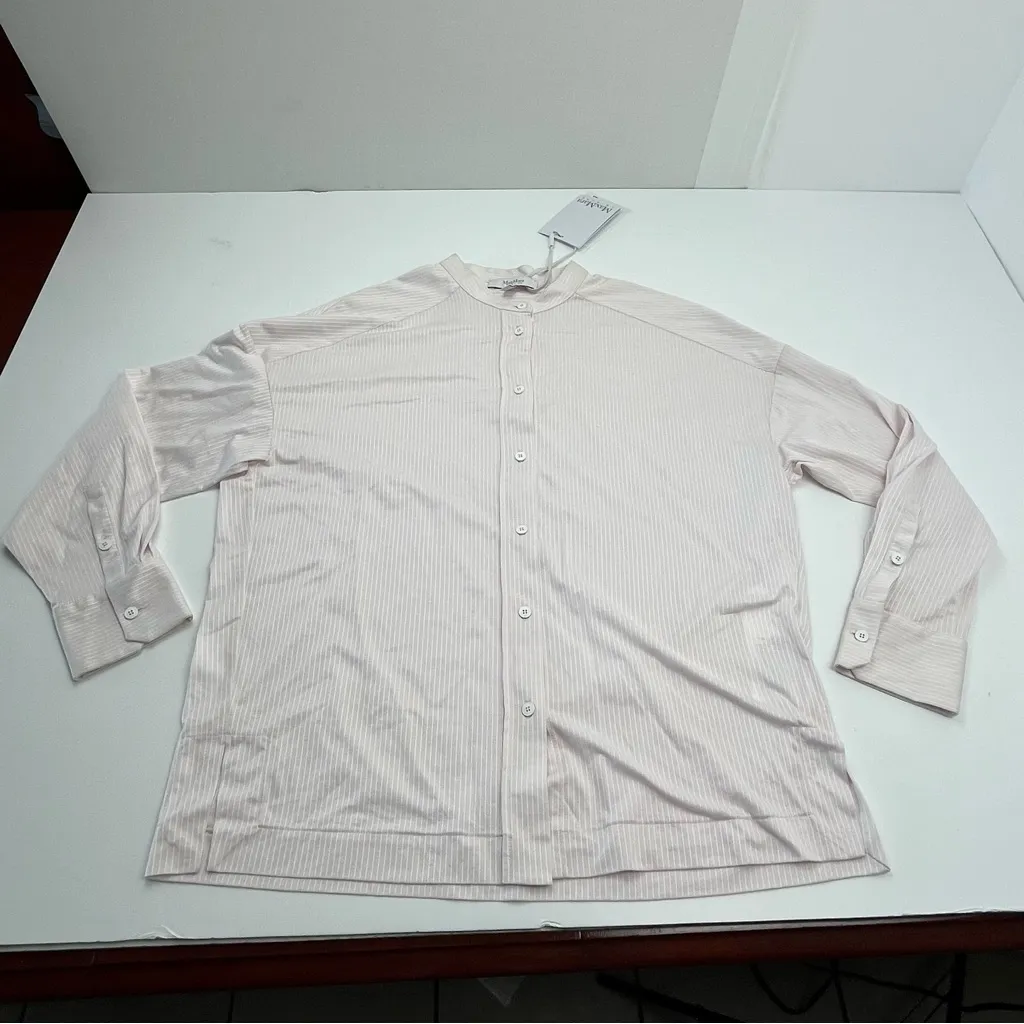 MaxMara Light Pink Edmea‎ Button Down Blouse Medium Striped Mandarin Collar NEW - Image 3