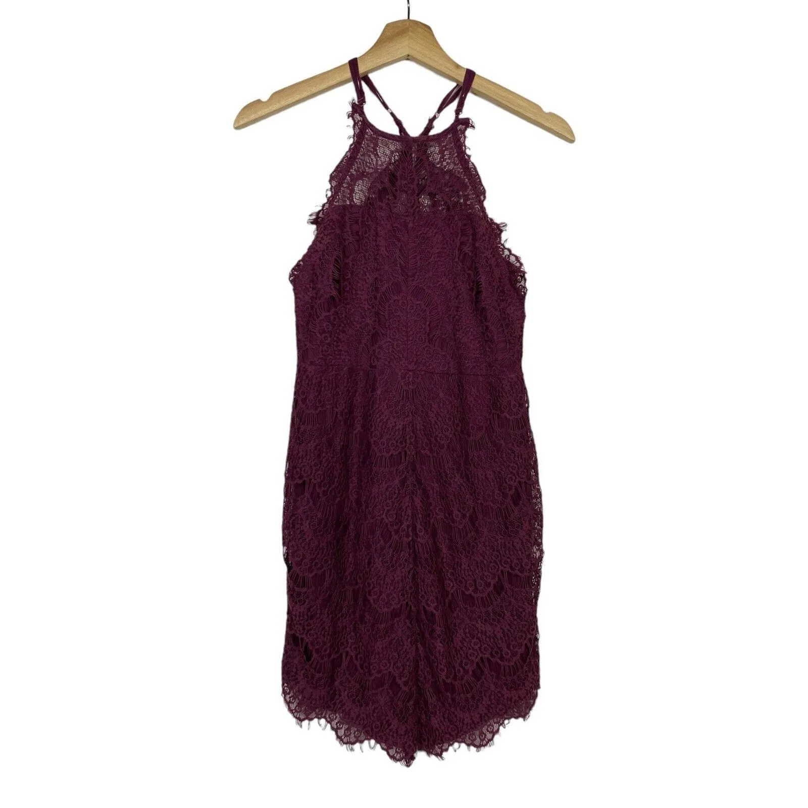 Free People Mini Slip Dress Sz‎ XS Lace Eyelash Burgundy Red Bodycon Semi Sheer - Image 2