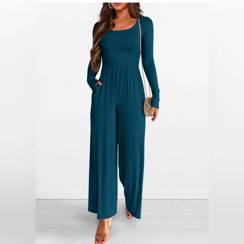 Teal Long Sleeve Wide Leg Jumpsuit NWT Blue Size L - Image 2