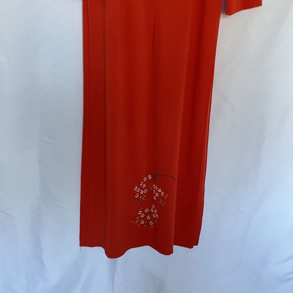 Vintage Floral hand painted Red Maxi Dress Womens XL Long Sleeve high slits - Image 9