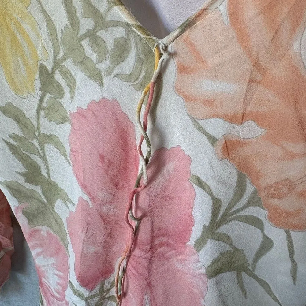 VTG Y2K Bob Mackie Silk Floral Flutter Sleeve Top Size 10 Fairycore Watercolor - Image 3