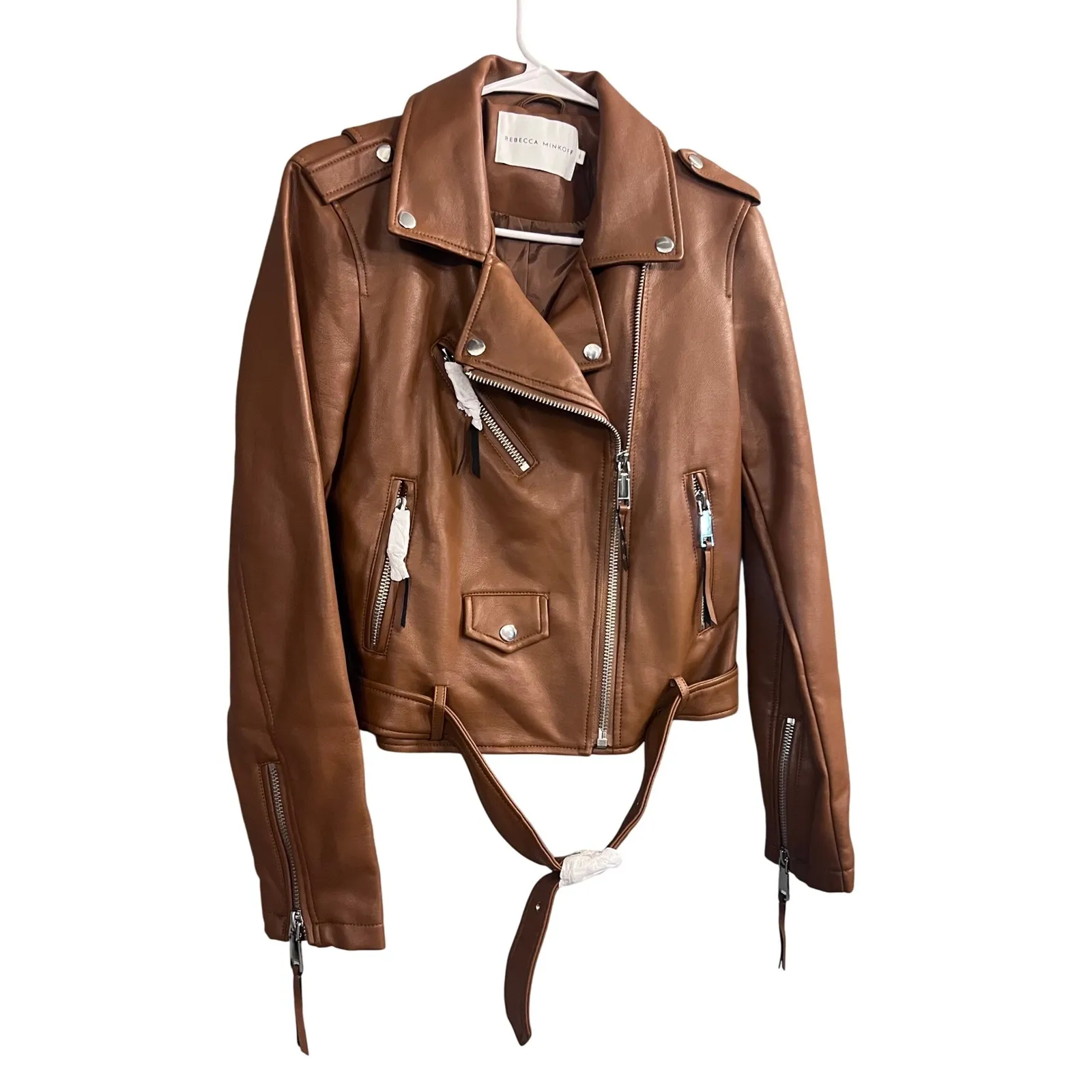 Rebecca Minkoff Cognac Brown Vegan Faux Leather Moto Jacket‎ Biker Zip Up Small - Image 12