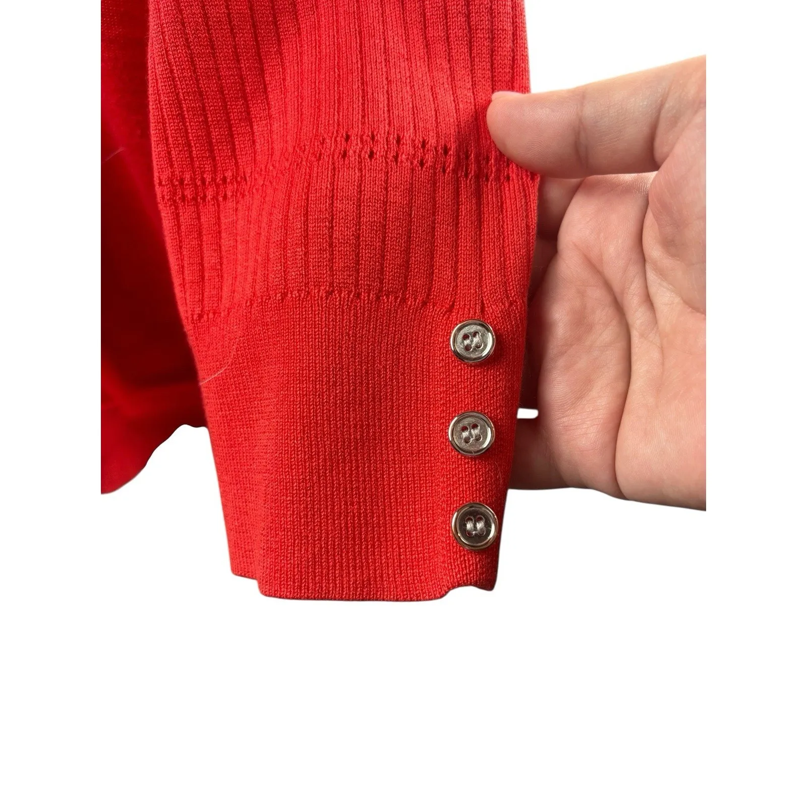 Orange Coral Open Front Knitted Short Cardigan 3/4 Sleeve Gold Hardware XL Rayon - Image 3