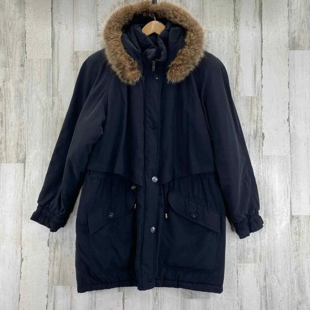Vintage 80s Gallery Coat Womens Medium Black Rayon Blend Raccoon Fur Trim‎ Hood - Image 2