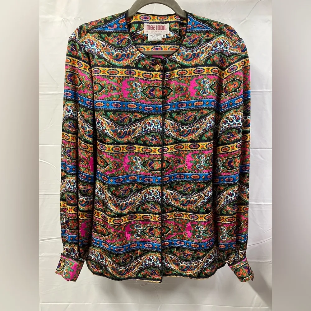 Maggie London Vintage Button Up Madarin Collar 100% silk Floral Blouse Boho 10 - Image 2