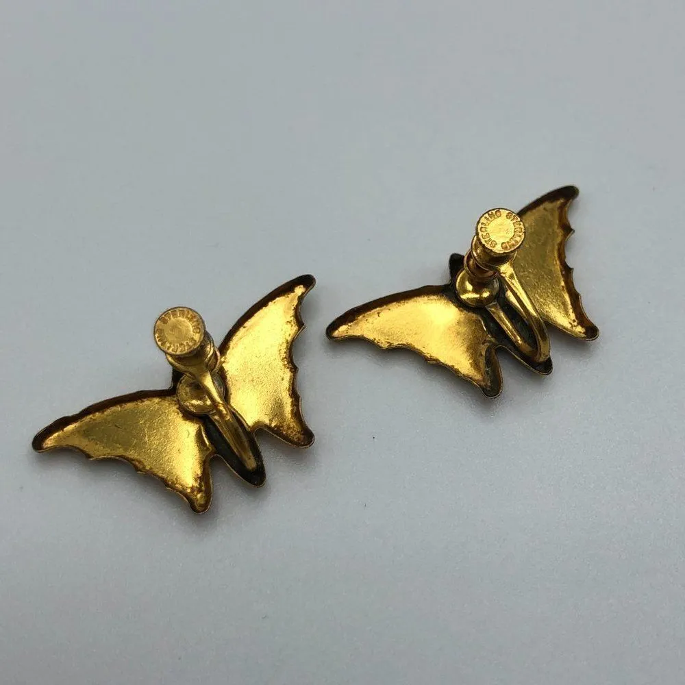 Vintage Butterfly Earrings Gold Tone Sterling Silver Hand Painted Clip On - Image 3