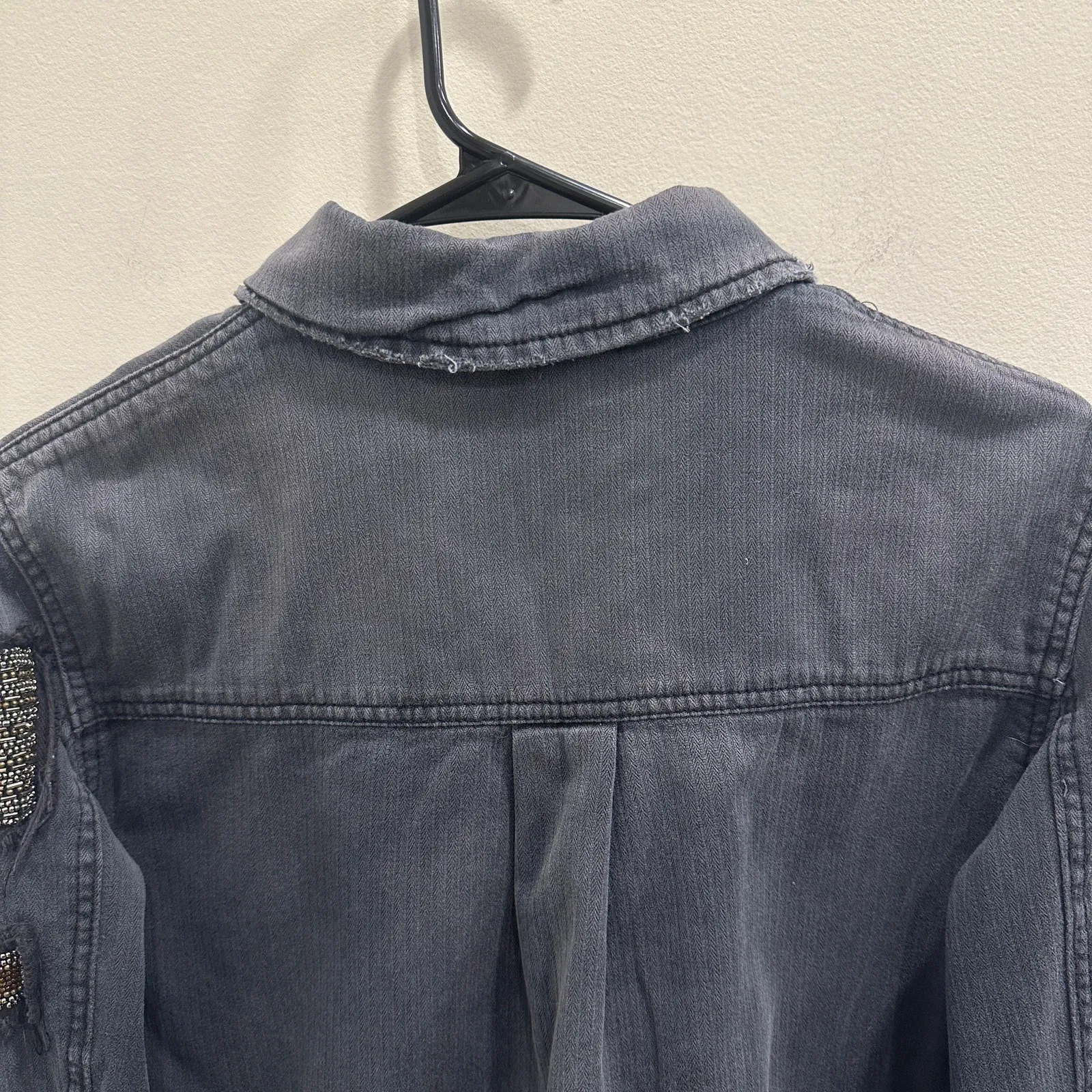 Free People Embellished Military Shirt Jacket Gray Distressed Beaded Patchwork - Image 8