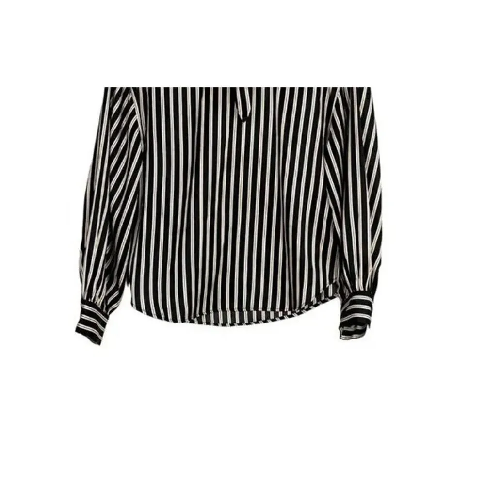 Zara Long Sleeve Professional Stripe Mock Tie Neck Blouse Key Hole Back XS Black - Image 3