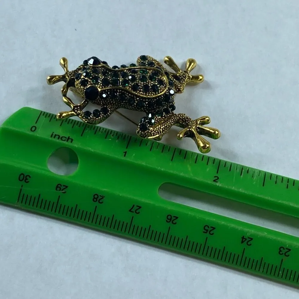 Frog Pin Brooch Gold Tone Metal Green Rhinestones Fashion Jewelry - Image 3