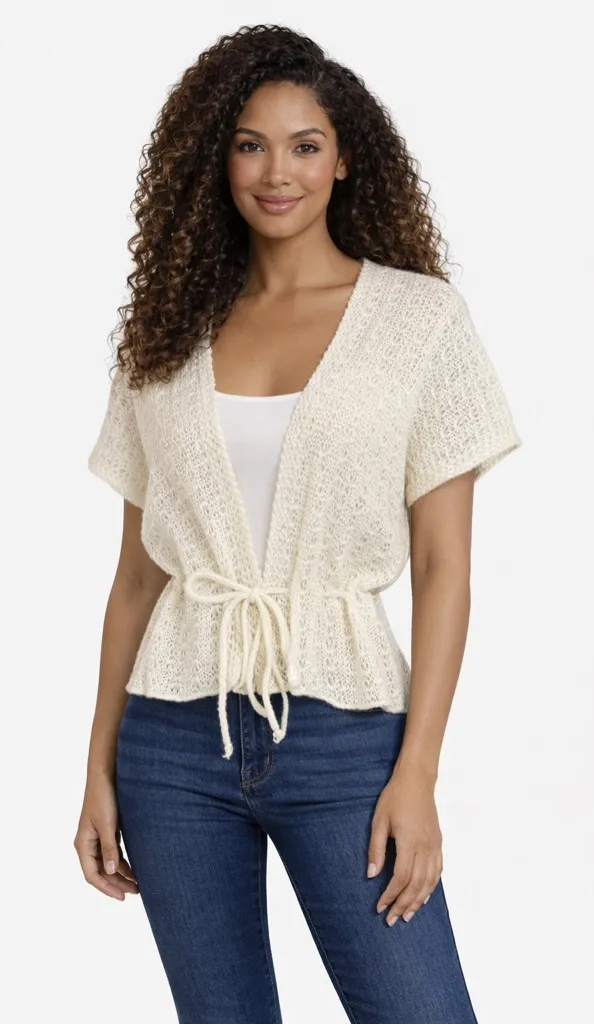 Vintage Cream Crochet Knit Tie Front Cover Up | 70s Boho Sheer cardigan - Image 1