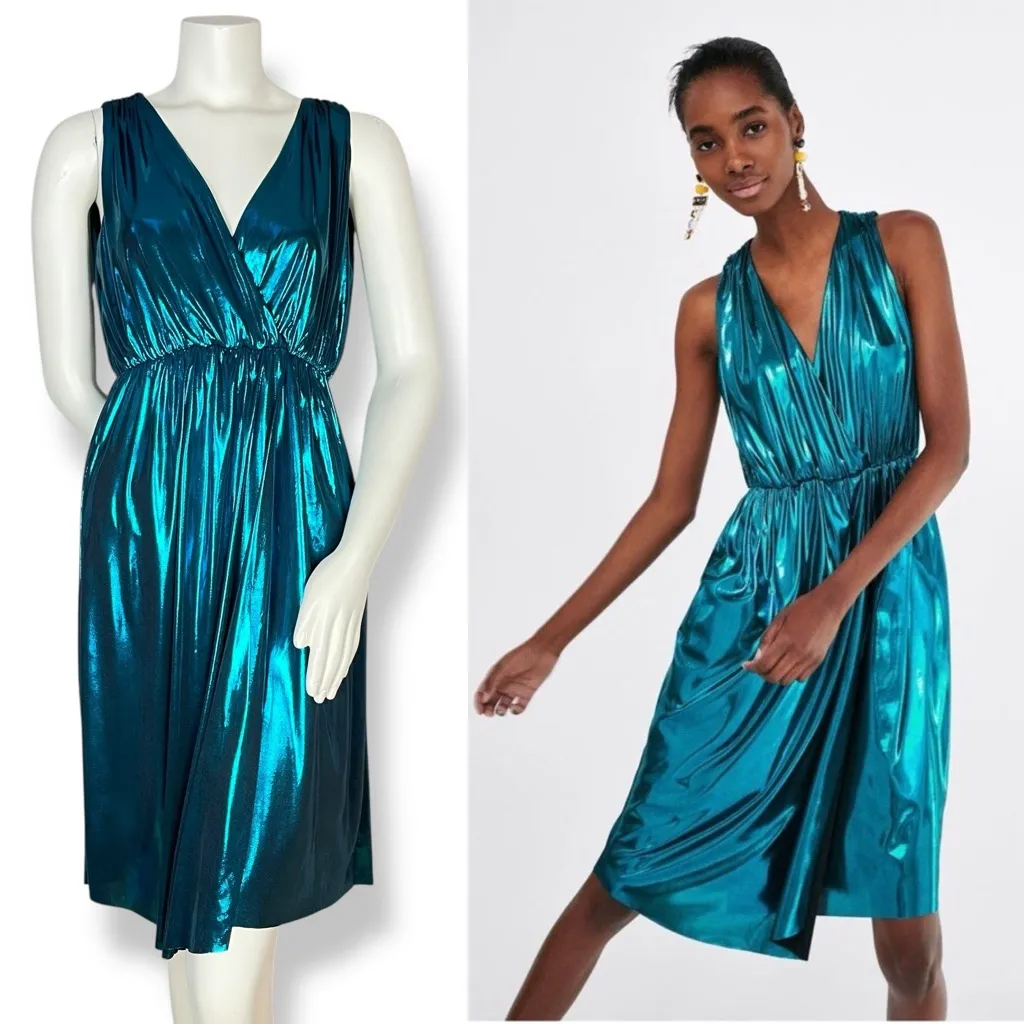 Zara Dress Metallic Wrap Style Blue Size XS Disco Party Grecian Tie Retro V-Neck - Image 3