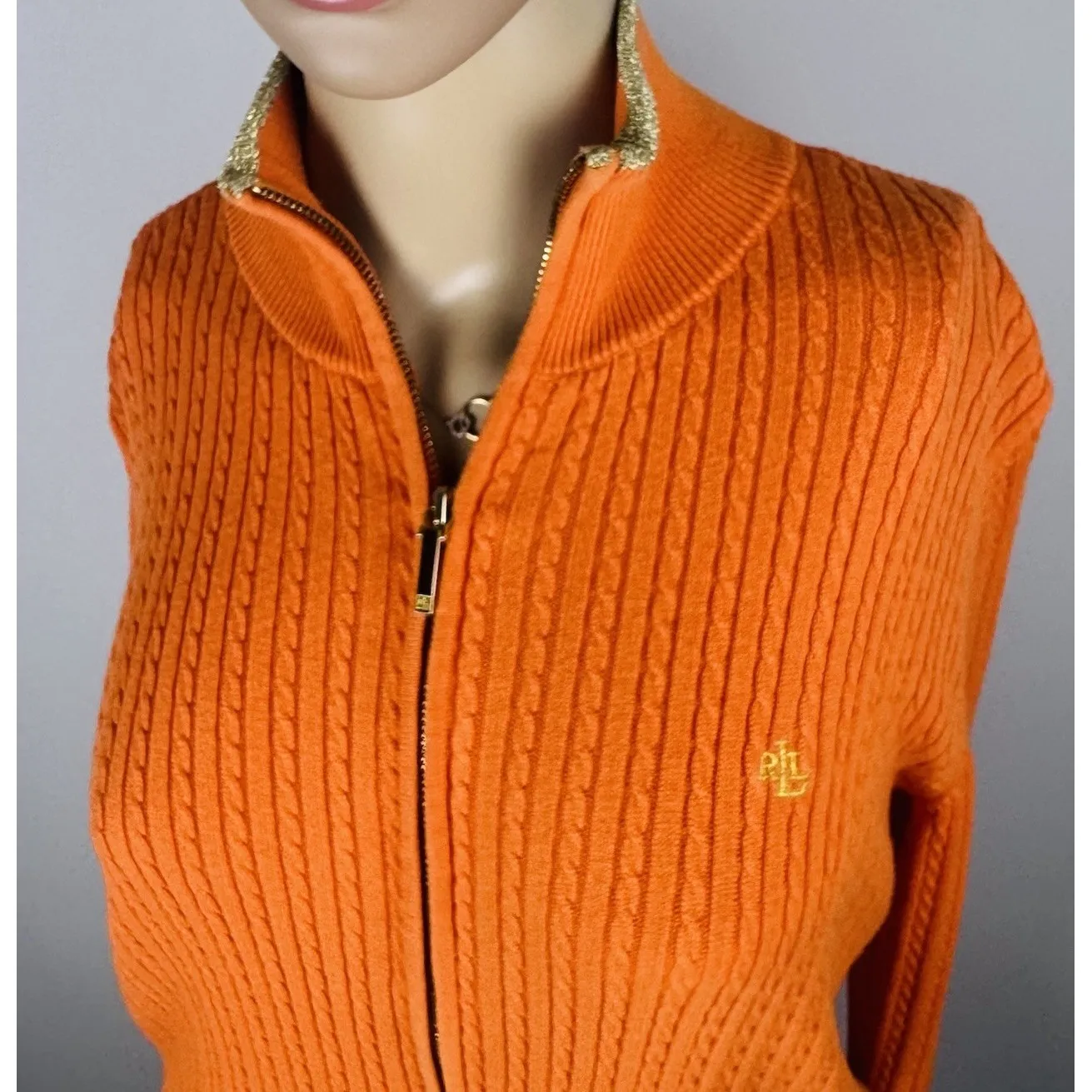 Ralph Lauren Womens Zip Up Cable Knit Cardigan Sweater Sz Lg‎ Orange Gold Accent - Image 2