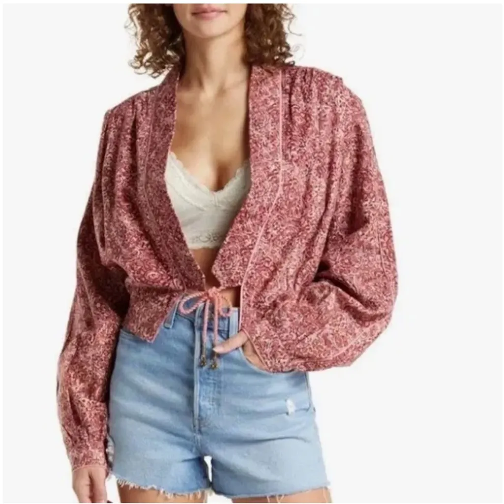Free People Rosalina Tie‎ Front Jacket Barbie Core Cropped Paisley Mocha Convo M - Image 2