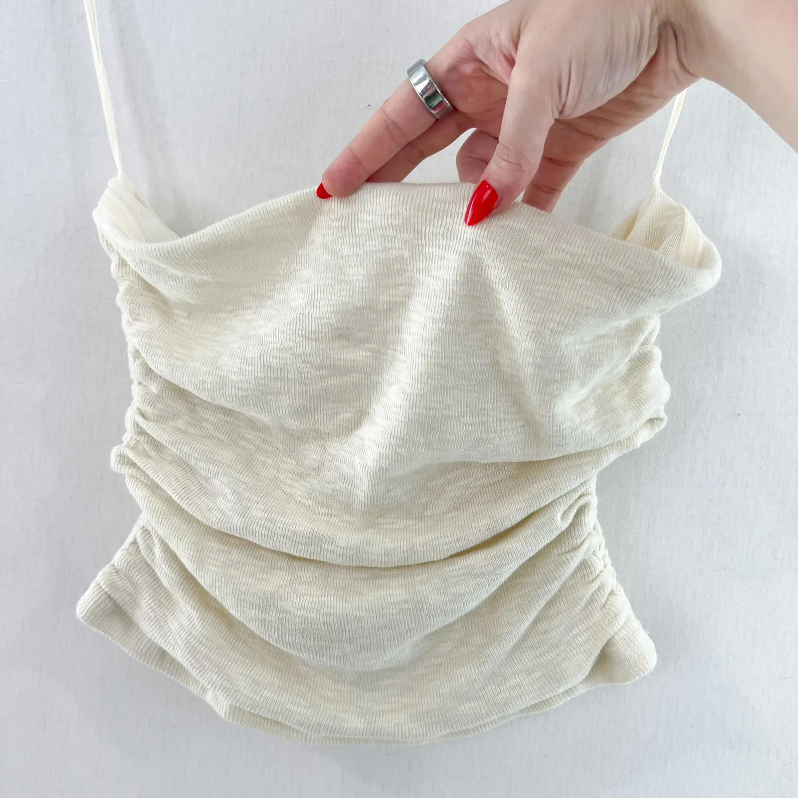 Free People Cream Sleeveless Tube Top Large Ruched Sides Beachy Boho Casual - Image 4