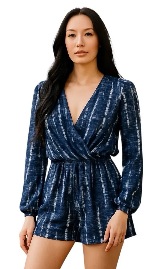 VINTAGE HAVANA BLUE WHITE LONG SLEEVE SURPLICE V-NECK STRETCH PRINT LINED ROMPER - Image 1