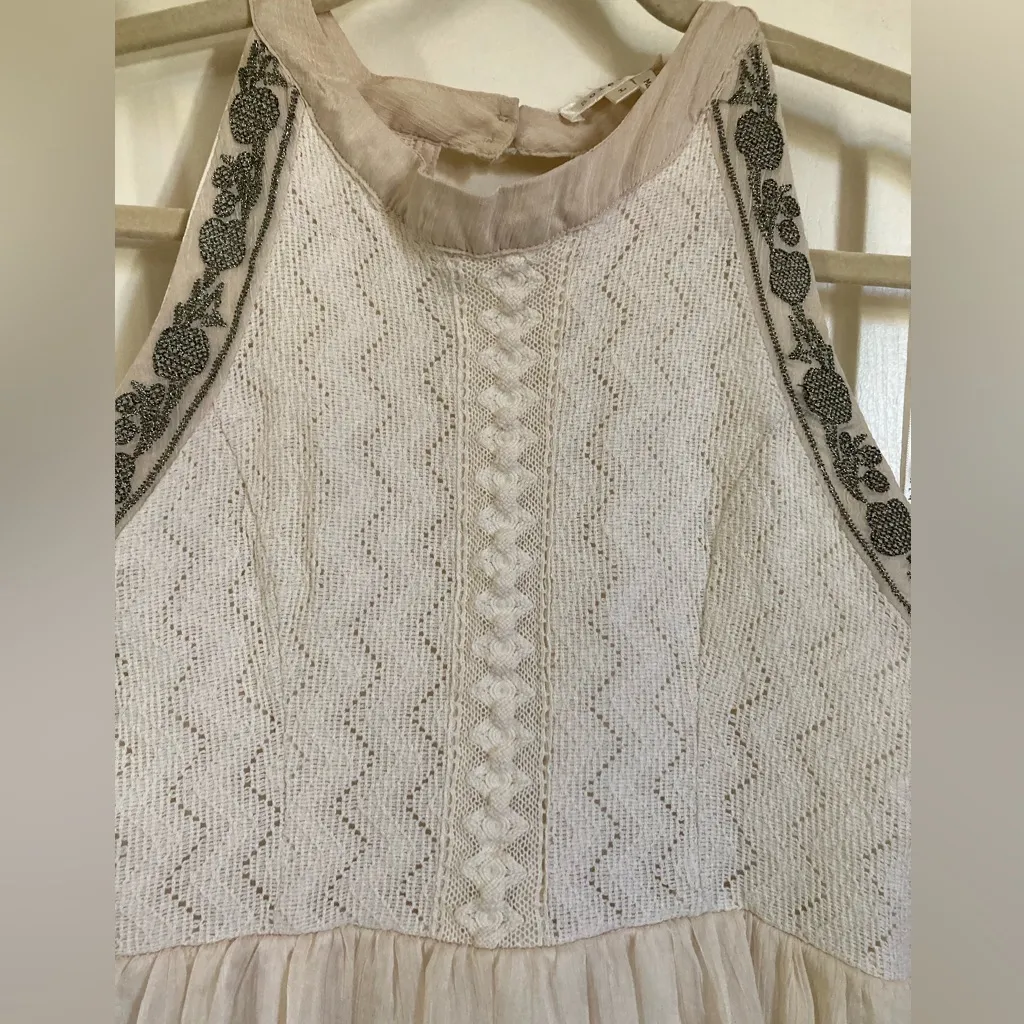 🌞Soieblu Cream Colored Embroidered Gray Floral & Ivory Diamond Mini Dress A - Image 3