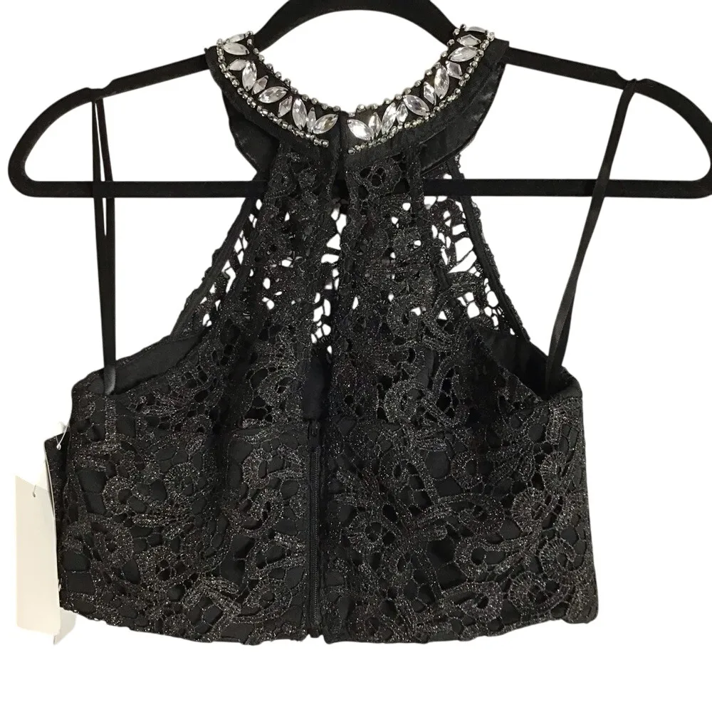 Black Lace Beaded Halter Top &‎ Floral Print Maxi Skirt Two Piece Formal - Image 2