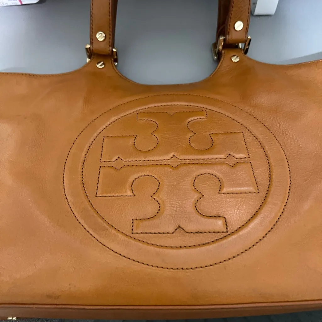 Tory Burch Leather Tote Bag Brown Logo Zip Top Large - Image 10