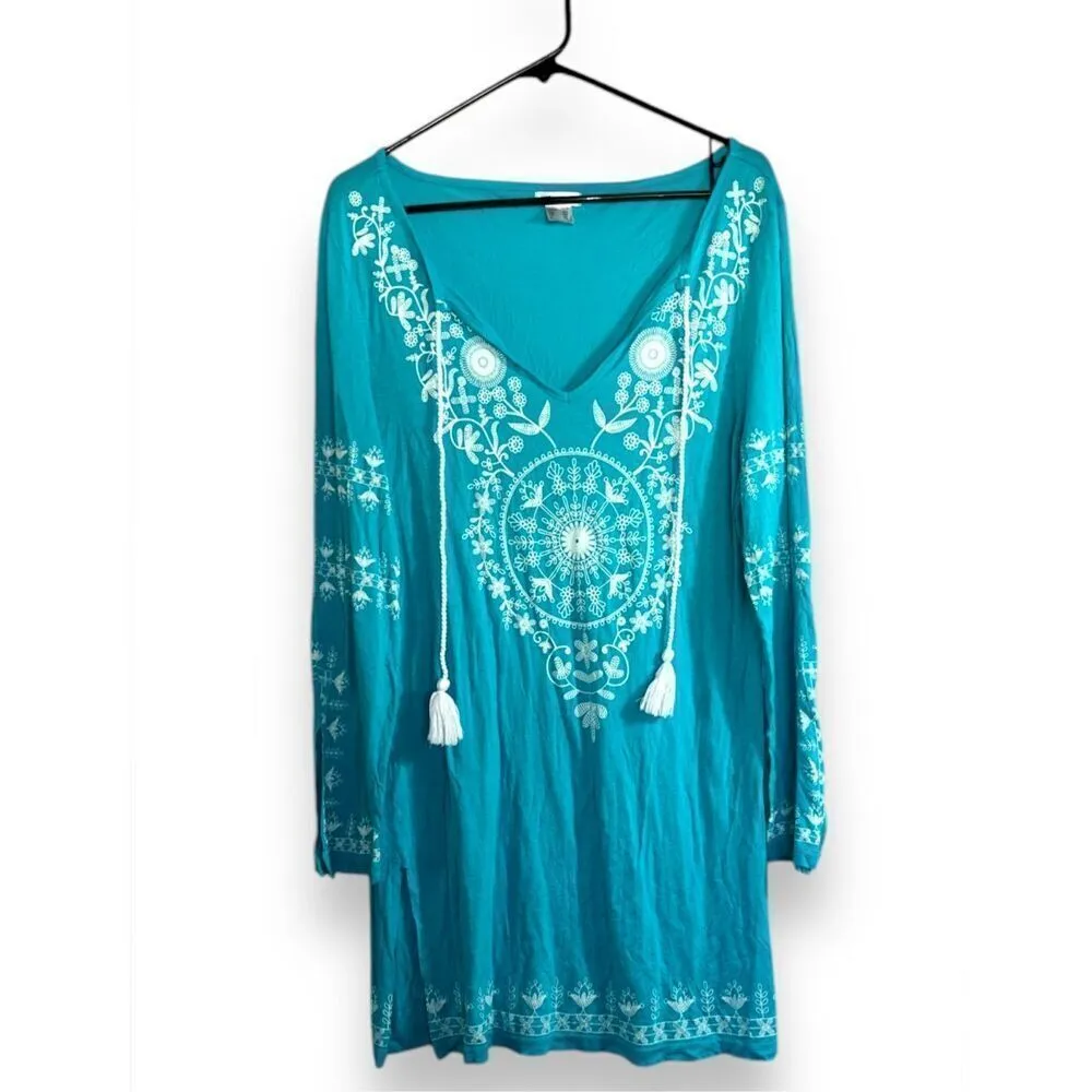 VENUS Women's Blue Floral Aztec Long Sleeve V-Neck Tassle Dress sz M Boho Beachy - Image 3