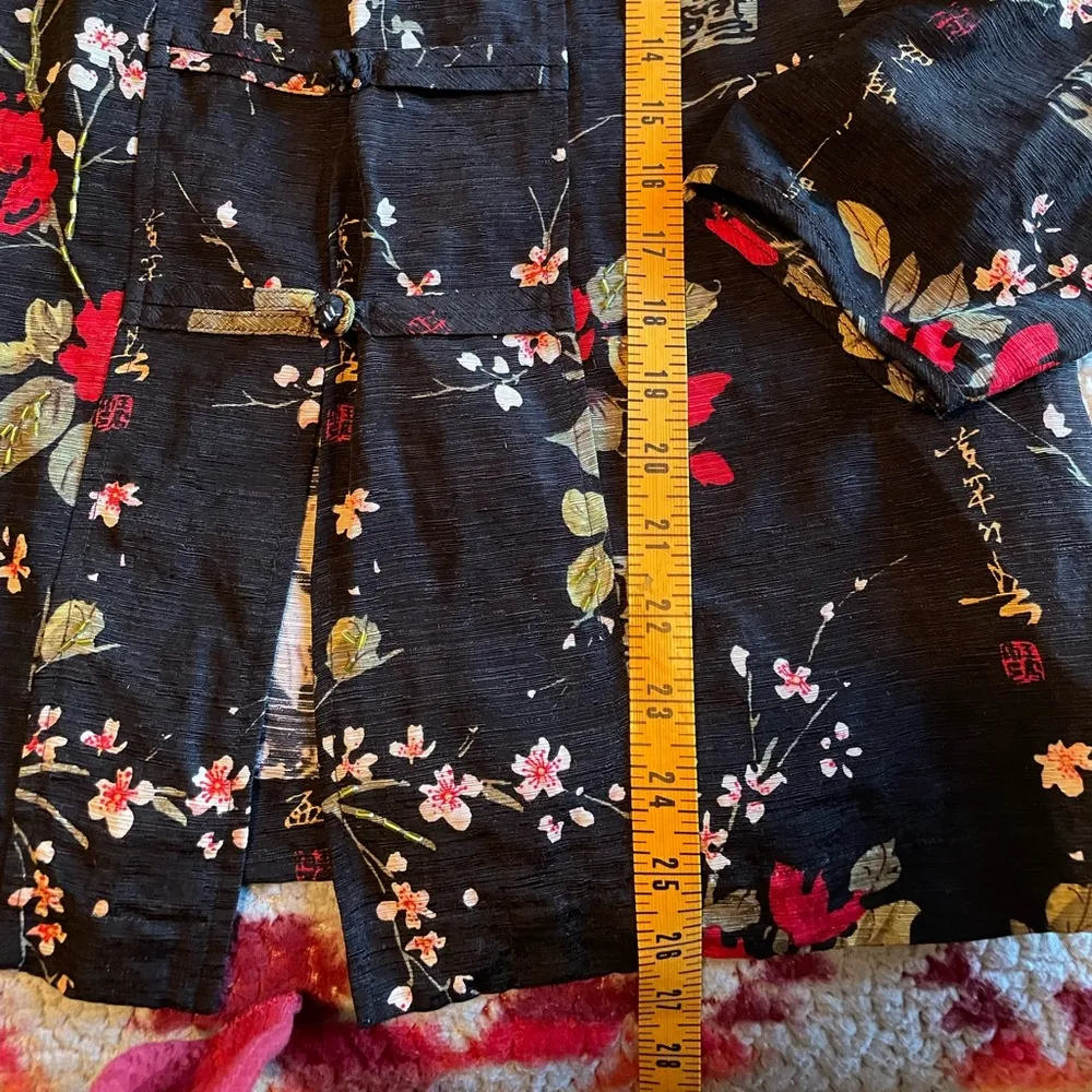 Silkland Women's Shirt Long Sleeve Kimono Top Black Red Beaded Flowers Silk Sz M Size M - Image 12