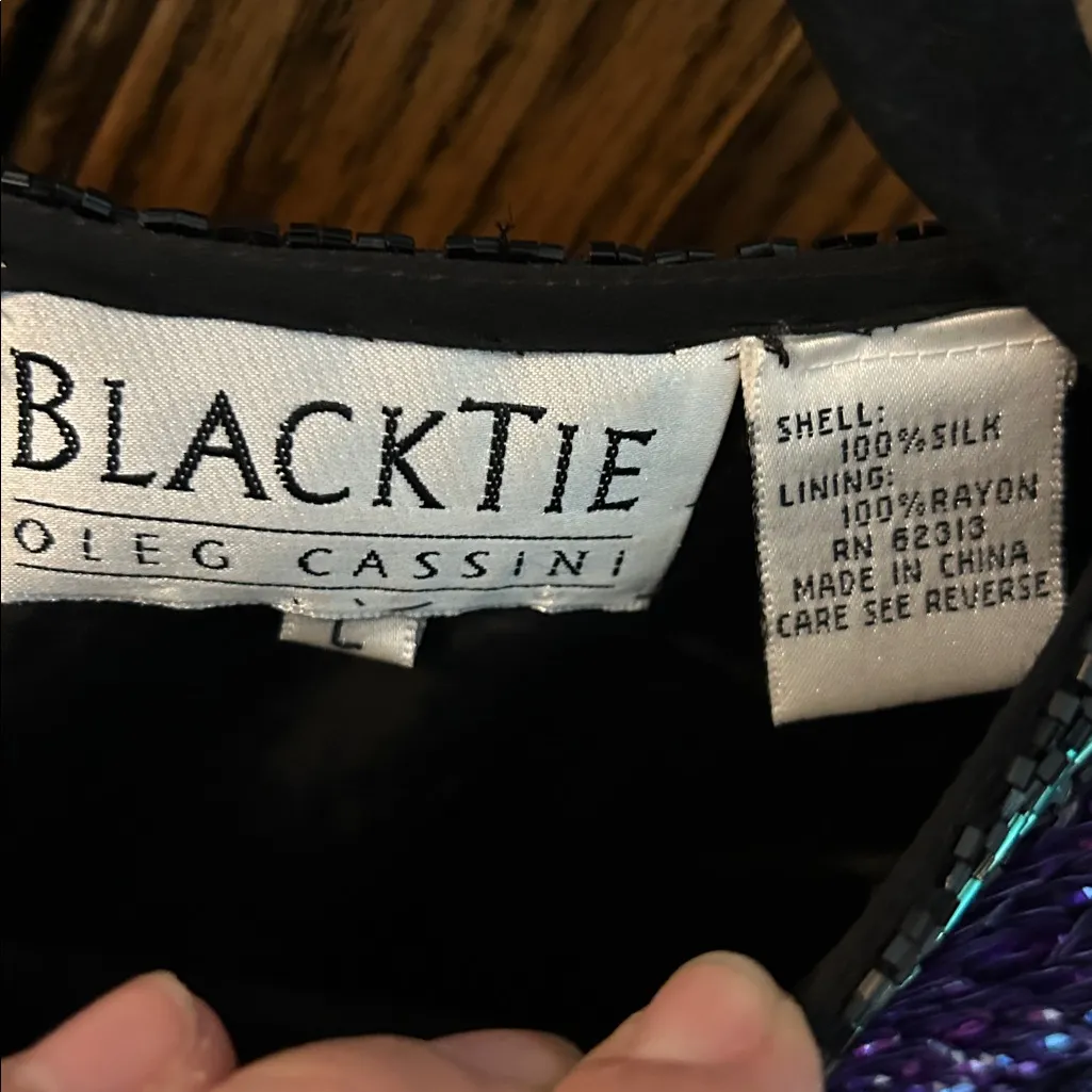 Black Tie Oleg Cassini sequin beaded blouse top VTG teal sparkle‎ cocktail Large Blue - Image 3