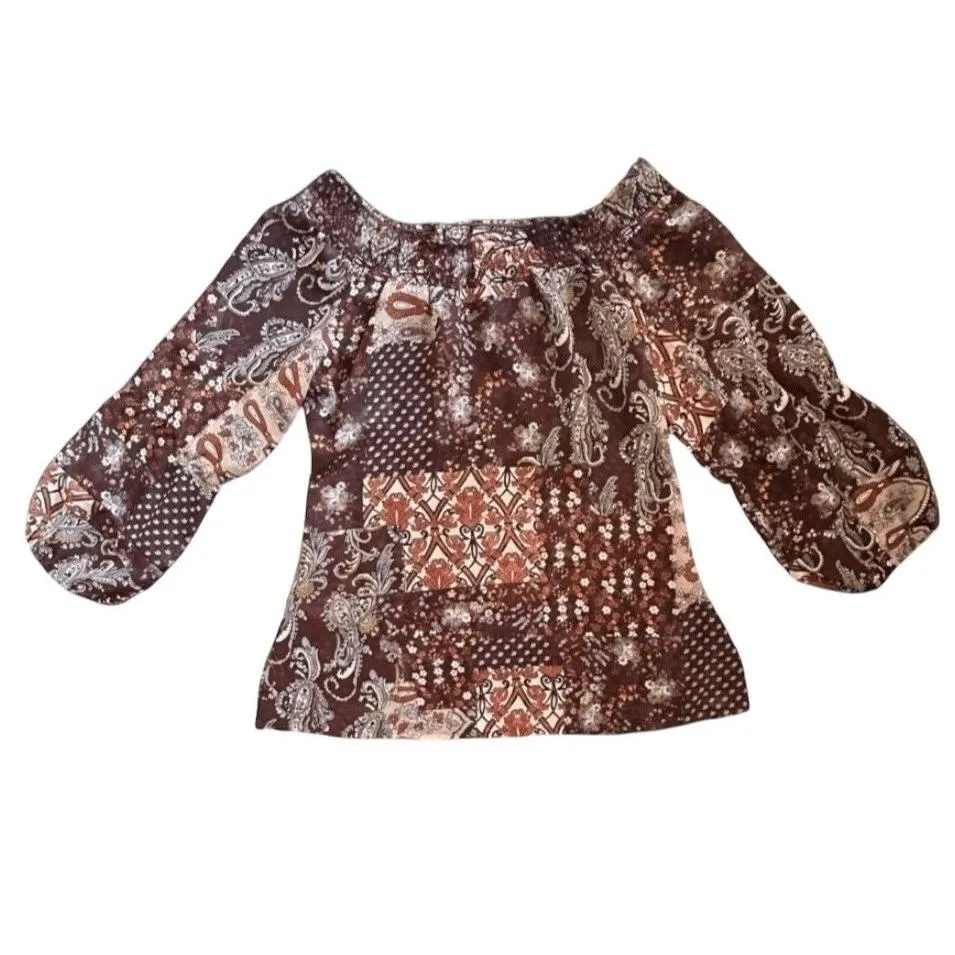 Sugar Tarte Blouse Women Brown Multi Patchwork Paisley Vintage Boho Size S - Image 2