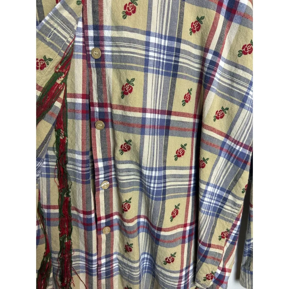 Vintage Lemon Grass Cottage Button Up Checkered Plaid Rose Print Size Large - Image 2