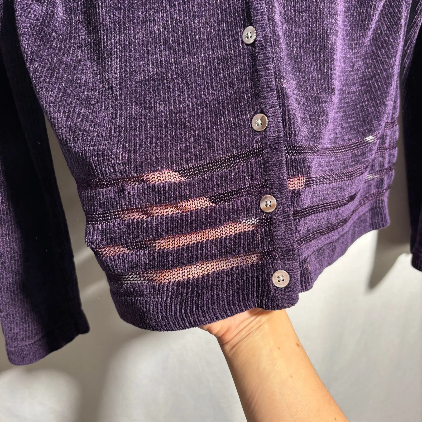 VTG Hillard‎ Hanson Purple Chenille Knit Cardigan Buttons Sheer Stripes V Neck L - Image 2