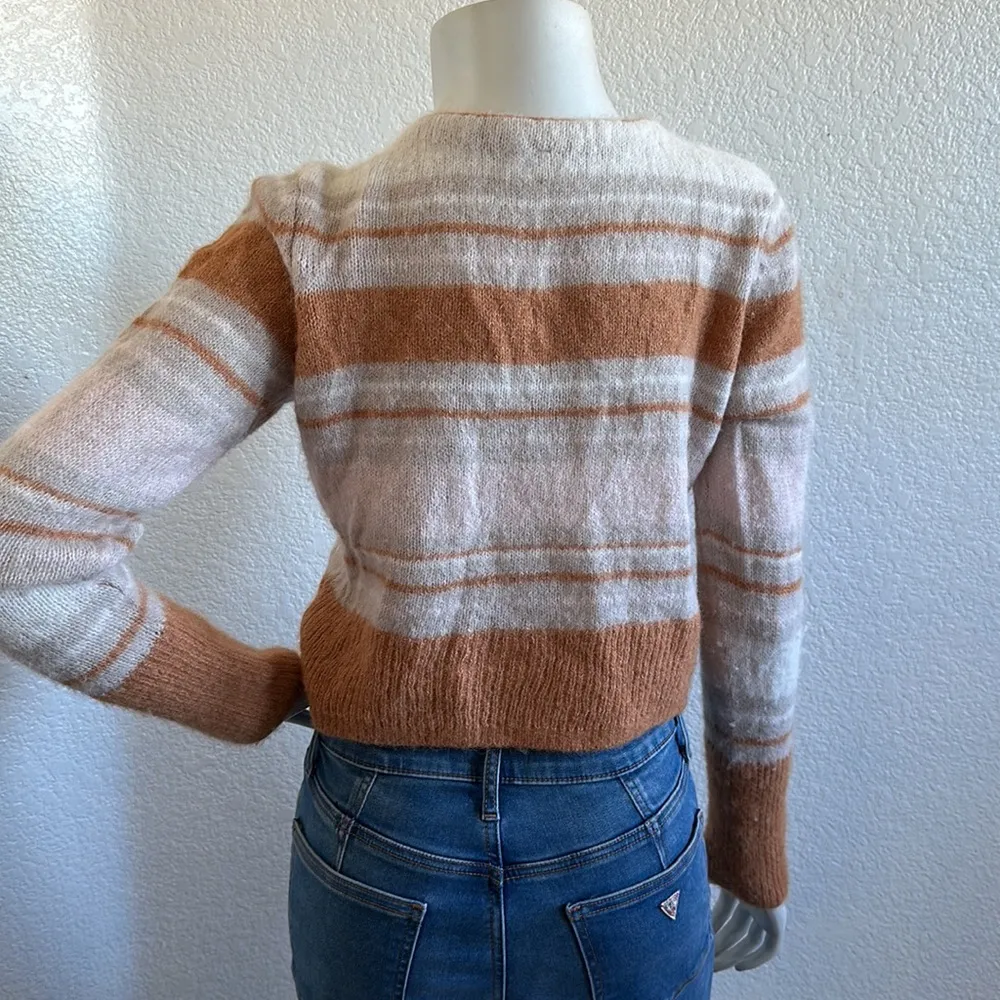 Free People Striped Kinsley Cardigan Sweater Tan Size S Alpaca Wool V-Neck - Image 6