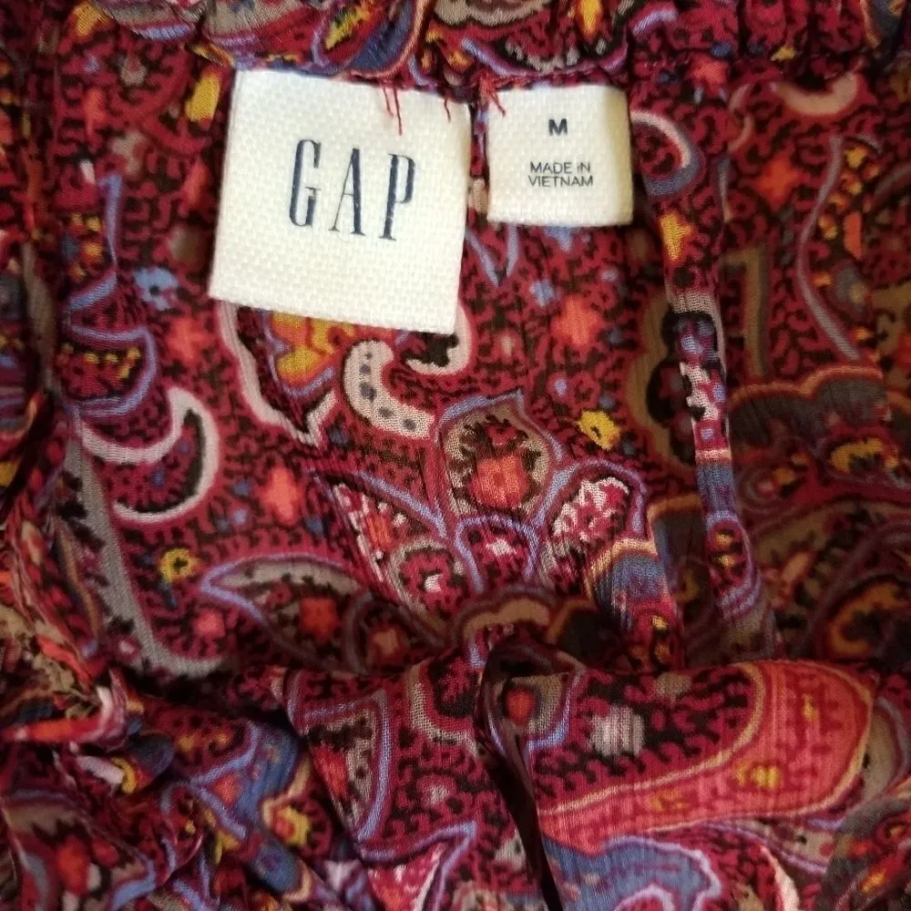 Gap Burgundy Sheer Paisley Ruffle Sleeveless High Neck Blouse Size Medium - Image 7