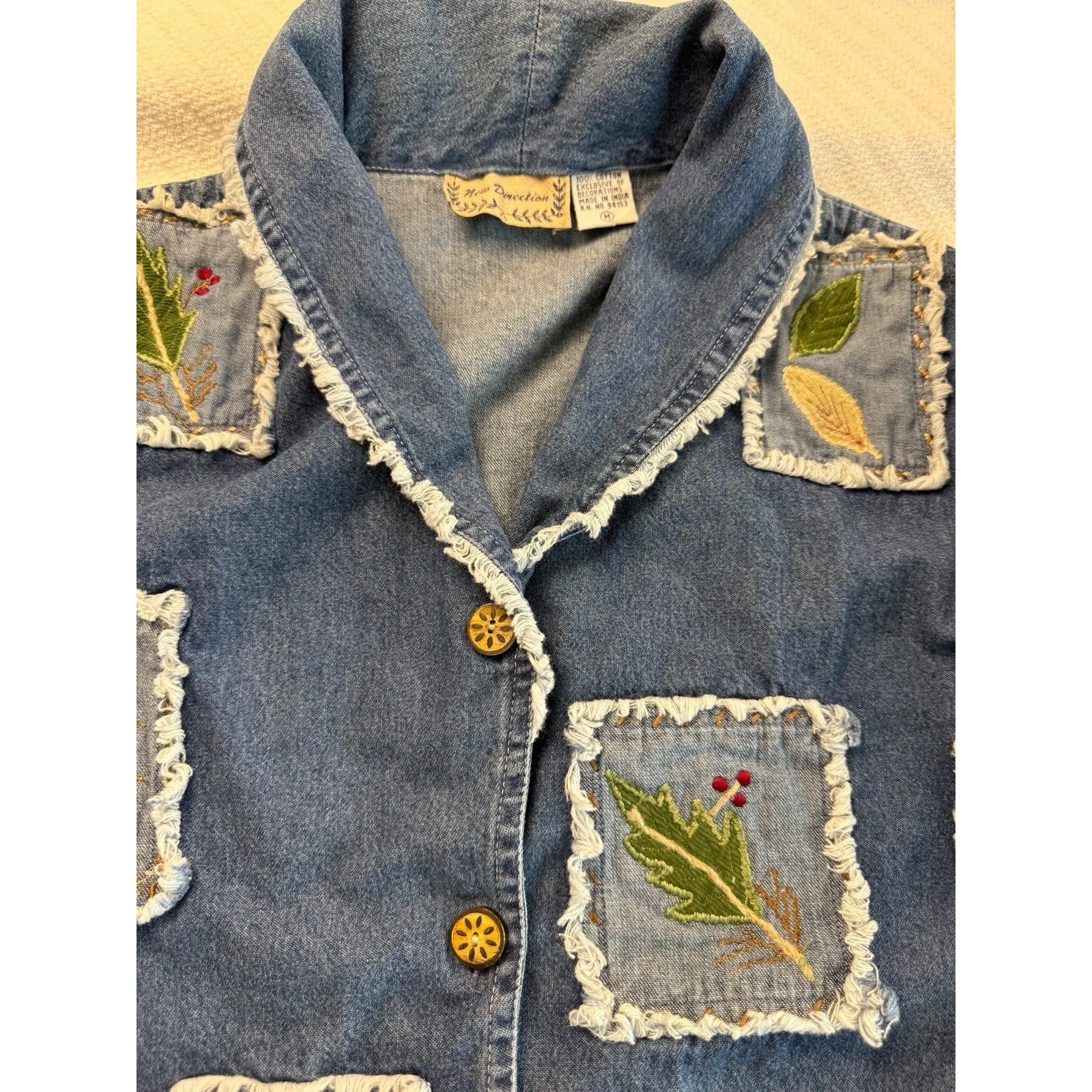 Y2K Boho Patchwork Denim Fall Jacket W/ Embroidered Leaf Motif Raw Hem Pockets M Blue Size M - Image 3