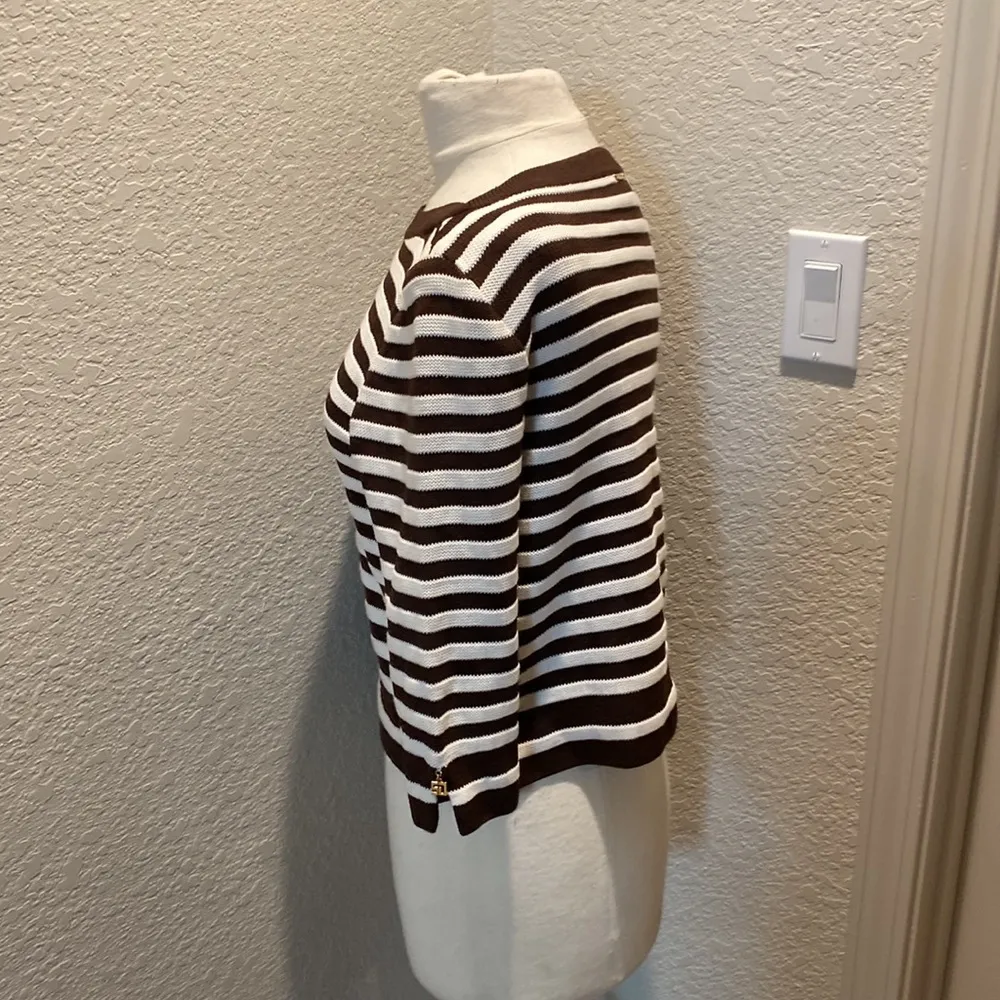 St. John Sport Women’s Brown & White Striped Cropped Knit Sweater Sz Sm - Image 15