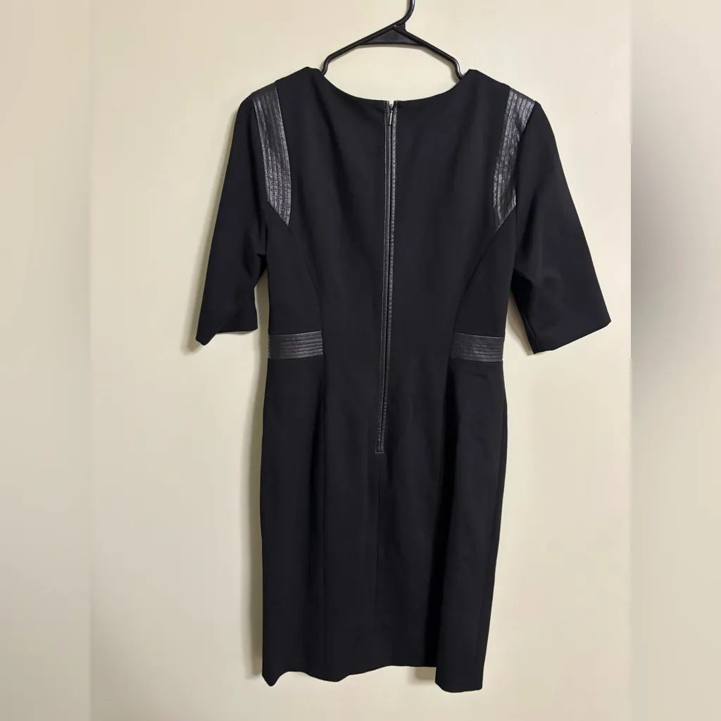 Rebecca Taylor 3/4 Sleeve Faux Leather Trim Ponte Black Sheath Dress Size 8 - Image 2