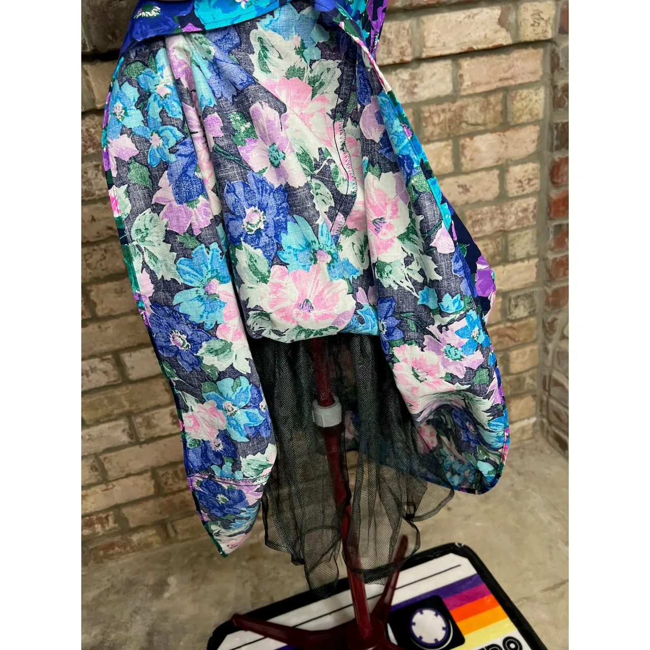 party dress floral drop waist puff sleeve swing skirt pink teal blue 1980s Size 12 - Image 9