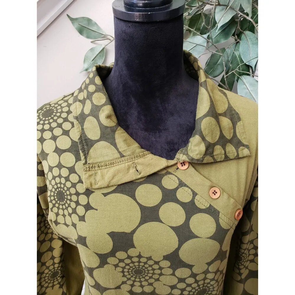 Hunchha Midi Dress Womens Small Green Geometric Collared Asymmetric Button Front - Image 10