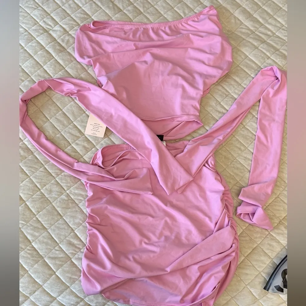 Shein Pink One-Shoulder Ruched Two Piece - Image 2
