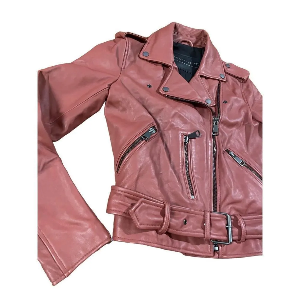 Bagatelle Women's Washed Leather Biker Moto Belted Jacket in Sunset size XS - Image 10