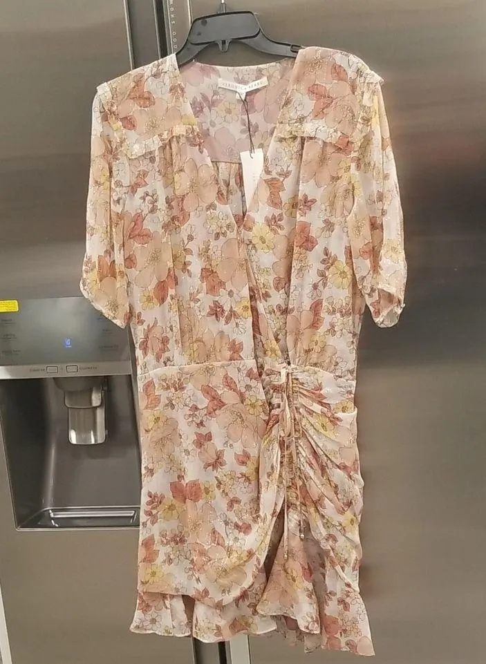 đź’•VERONICA BEARDđź’• Dakota Ruched Silk Dress ~ Melon Metallic Floral Print 12 NWT - Image 8