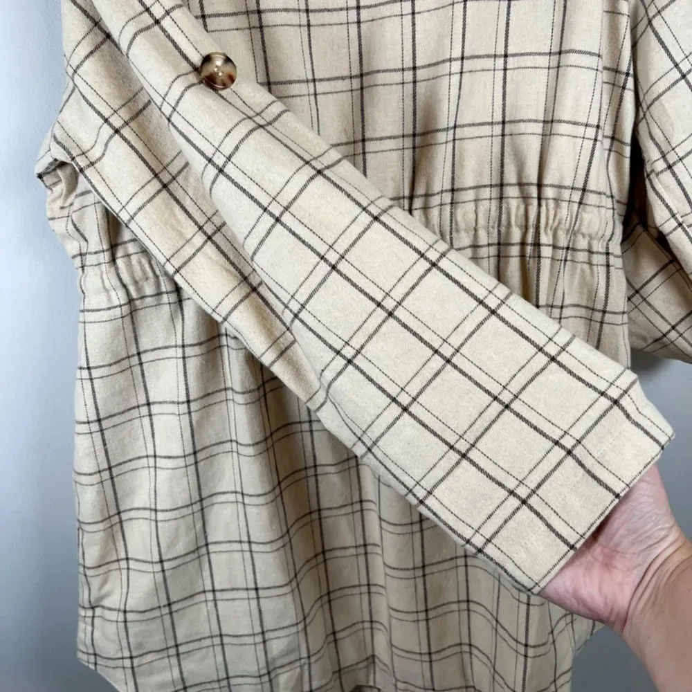 Cozy Co Women's Harper Plaid Jacket Beige Button Up Lined Shacket Layering Large Black - Image 13