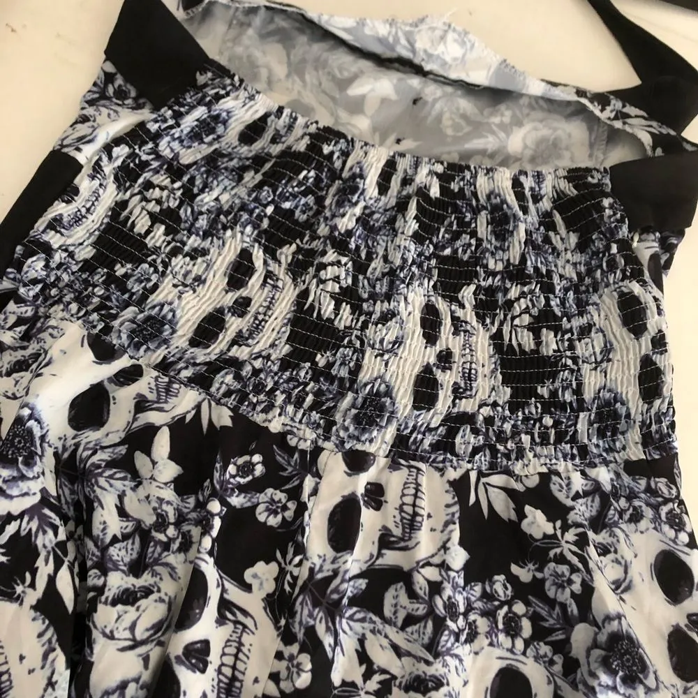 Sugar Skulls Roses Black White Blue Halter Dress Retro Rockabilly Style - Image 5