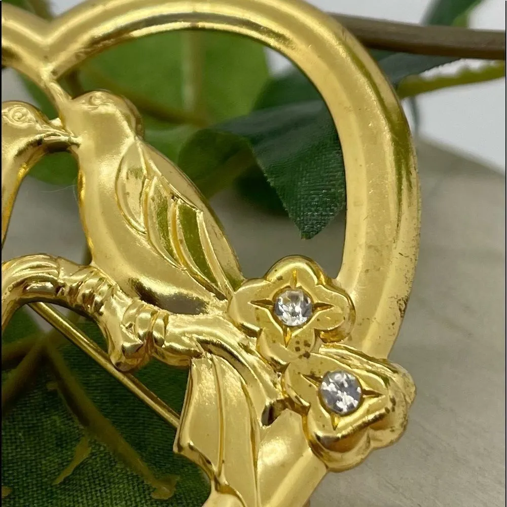 Vintage 1940s Lovebird Heart Rhinestone Brooch Pin Gold - Image 5