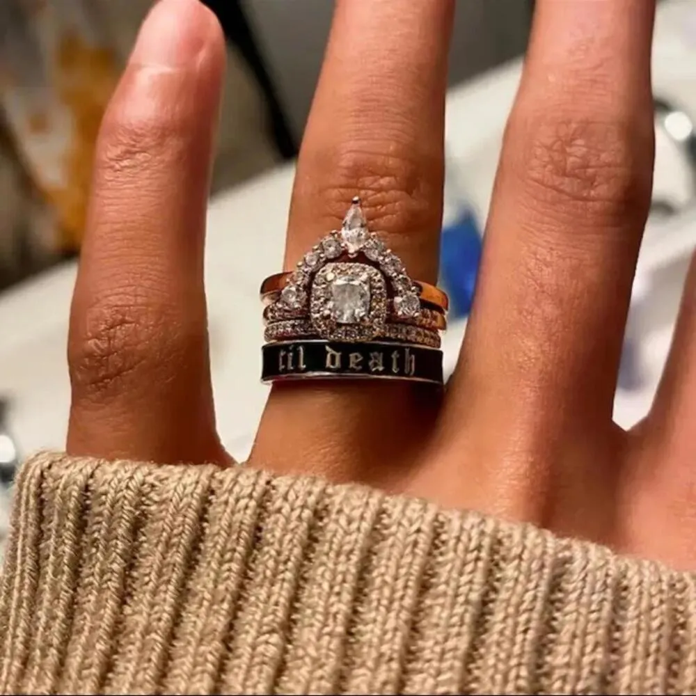 “Til Death” Black Enamel Band Ring | Size 6 | Gothic Wedding / Promise Ring Gold - Image 2