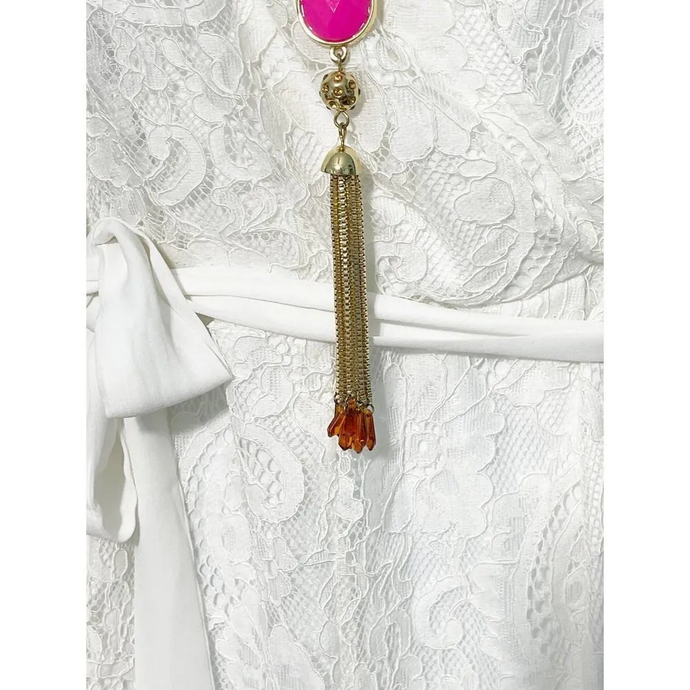 Lilly Pulitzer Boho Lariat Necklace Gold‎ Tone Chain Pink Stone Tassel Pendant - Image 3