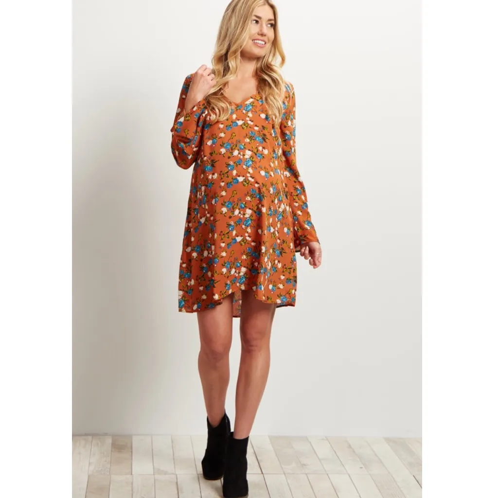 Pinkblush Rust Floral Printed V-Neck Chiffon Maternity Dress NWT Size Medium - Image 11